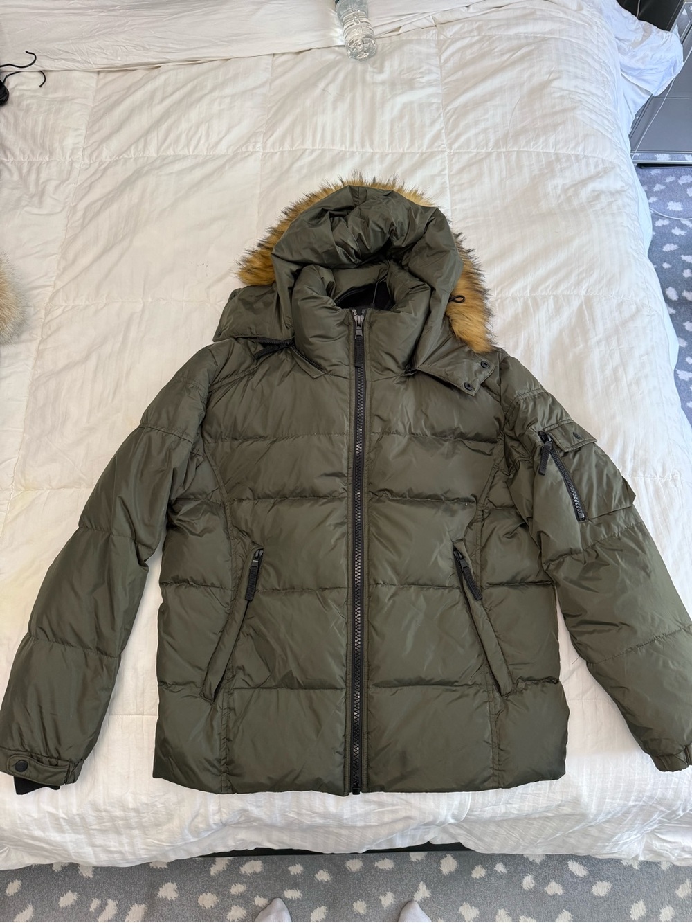 S13 Men's Olive Quilted Puffer Jacket with Faux Fur Trim Hood